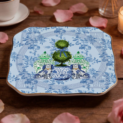 Staffordshire Chinoiserie Dogs Blue And Green Scalloped Ceramic Mahjong Dice Tray