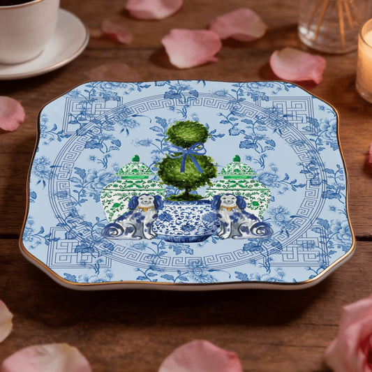 Staffordshire Chinoiserie Dogs Blue And Green Scalloped Ceramic Mahjong Dice Tray - Splash Of Mahj And Color Co.
