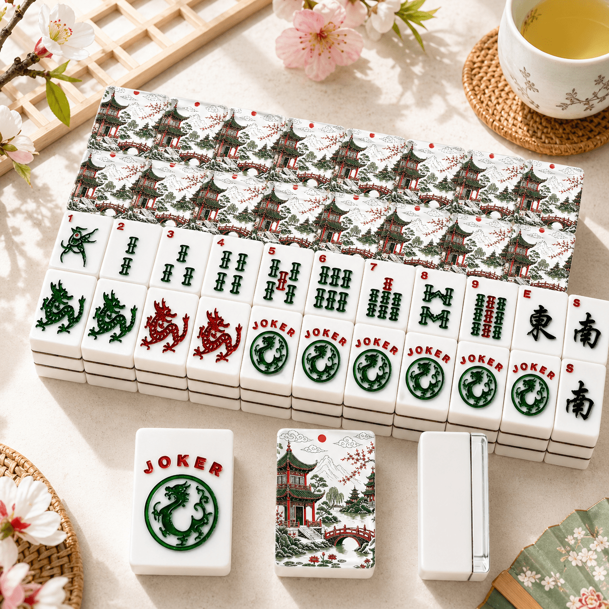 Asian Pagoda Black Red Green American Mahjong Tiles And Carry Bag Set - Splash of Color Co.