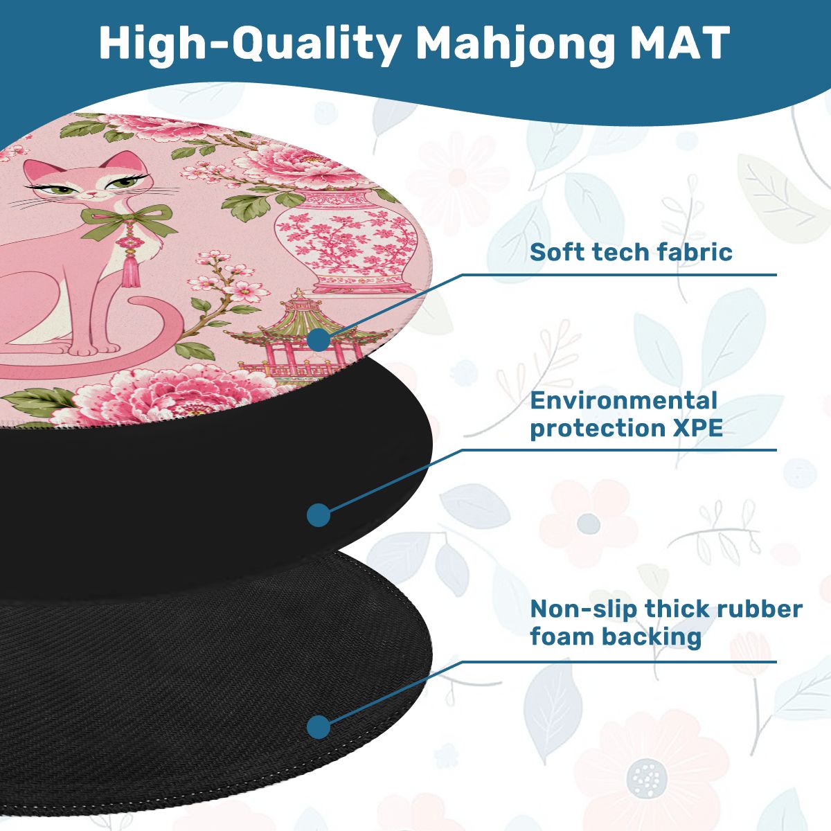Pink Peony Purr Chinoiserie Round Mahjong Mat