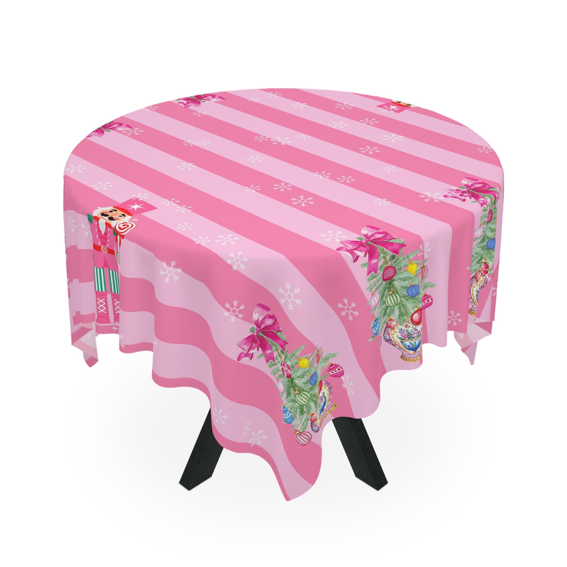 Whimsical Nutracker Chinoiserie Christmas Trees, Pink Striped Tablecloth - Splash of Color Co.