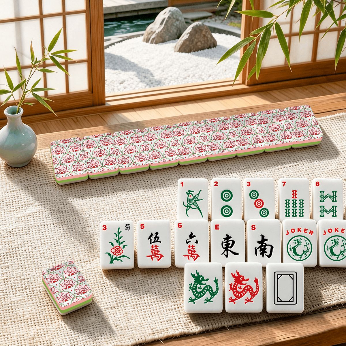 Minimalist Art Deco Red And Green 4Layer American Mahjong Tiles Set With Carry Case