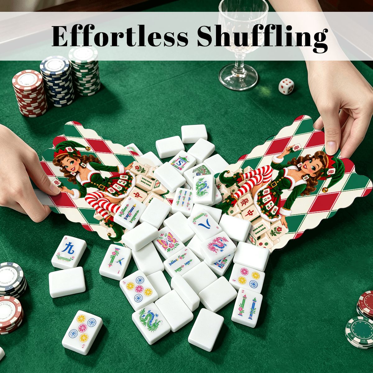 Madge Mahjie's Friend Harlequin Designed Christmas Scalloped Mahjong Shuffler Cards  Set of 4