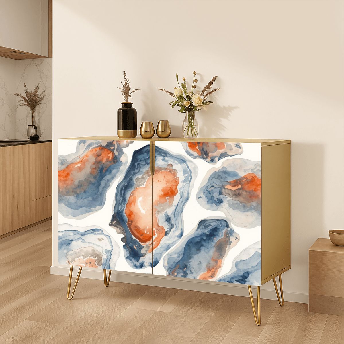 Blue Oyster Watercolor Modern Wooden Storage Cabinet - Splash of Color Co.