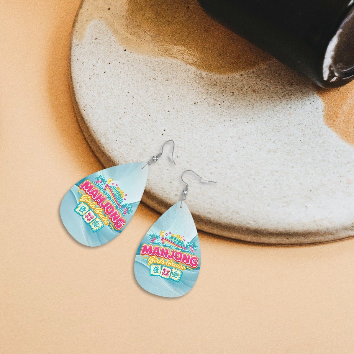 Mahjong Girls Cruise Tropical Wave Leather Teardrop Earrings - Splash of Color Co.