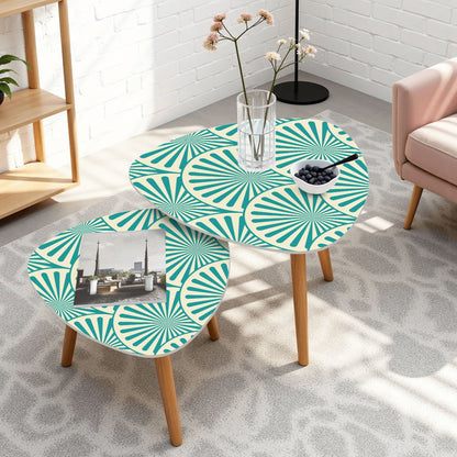 Art Deco Teal Blue Geometric Fan Designed Modern NestingTriangle Coffee Table Set of 2 - Splash of Color Co.
