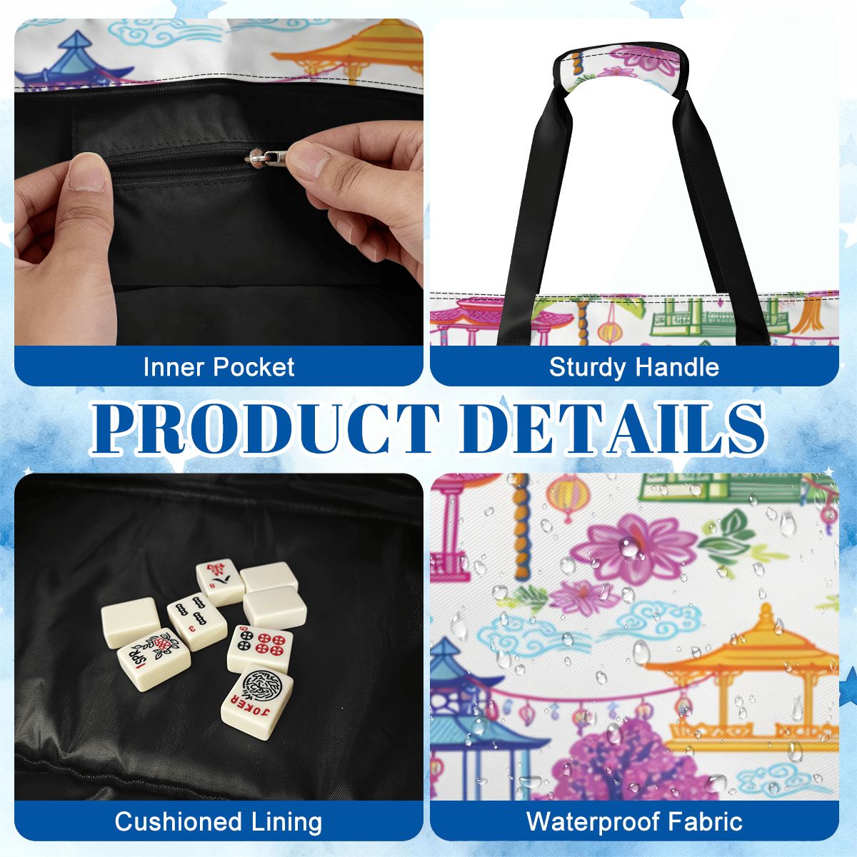 Mahjong Bag Set, Asian Chinoiserie Watercolor Pagodas - Splash of Color Co.