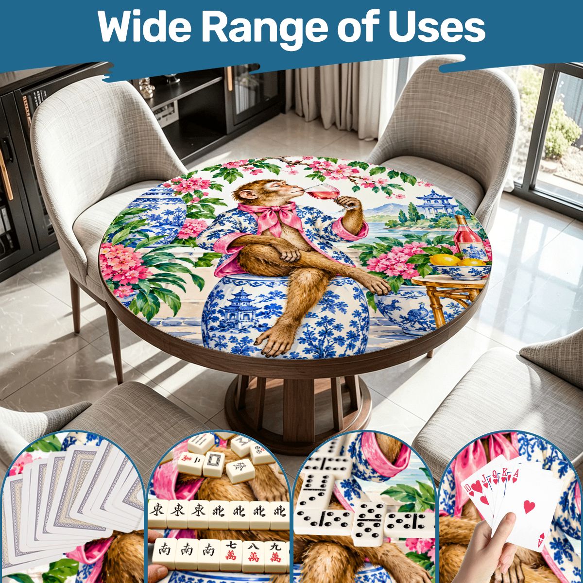 Chinoiserie Monkey Garden Party Round Mahjong Mat - Splash Of Mahj And Color Co.