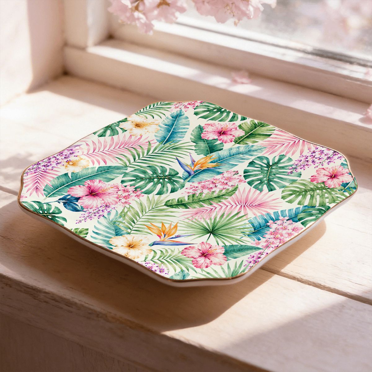 Pastel Jungle Scalloped Ceramic Mahjong Dice Tray