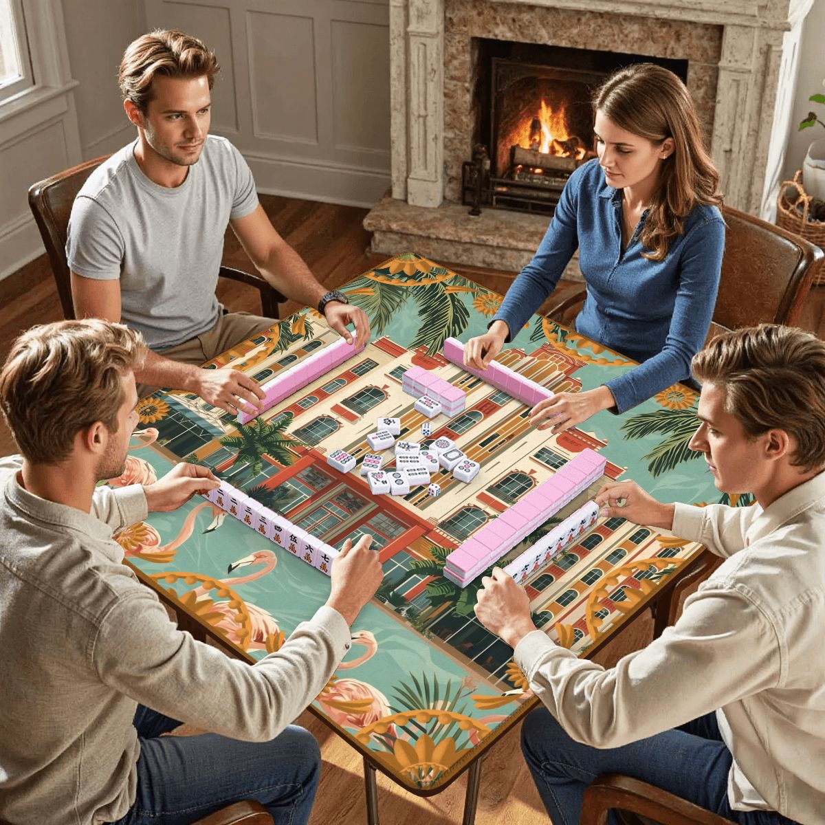 Art Deco Old World Florida Flamingo Row Mahjong Mat - Splash of Color Co.