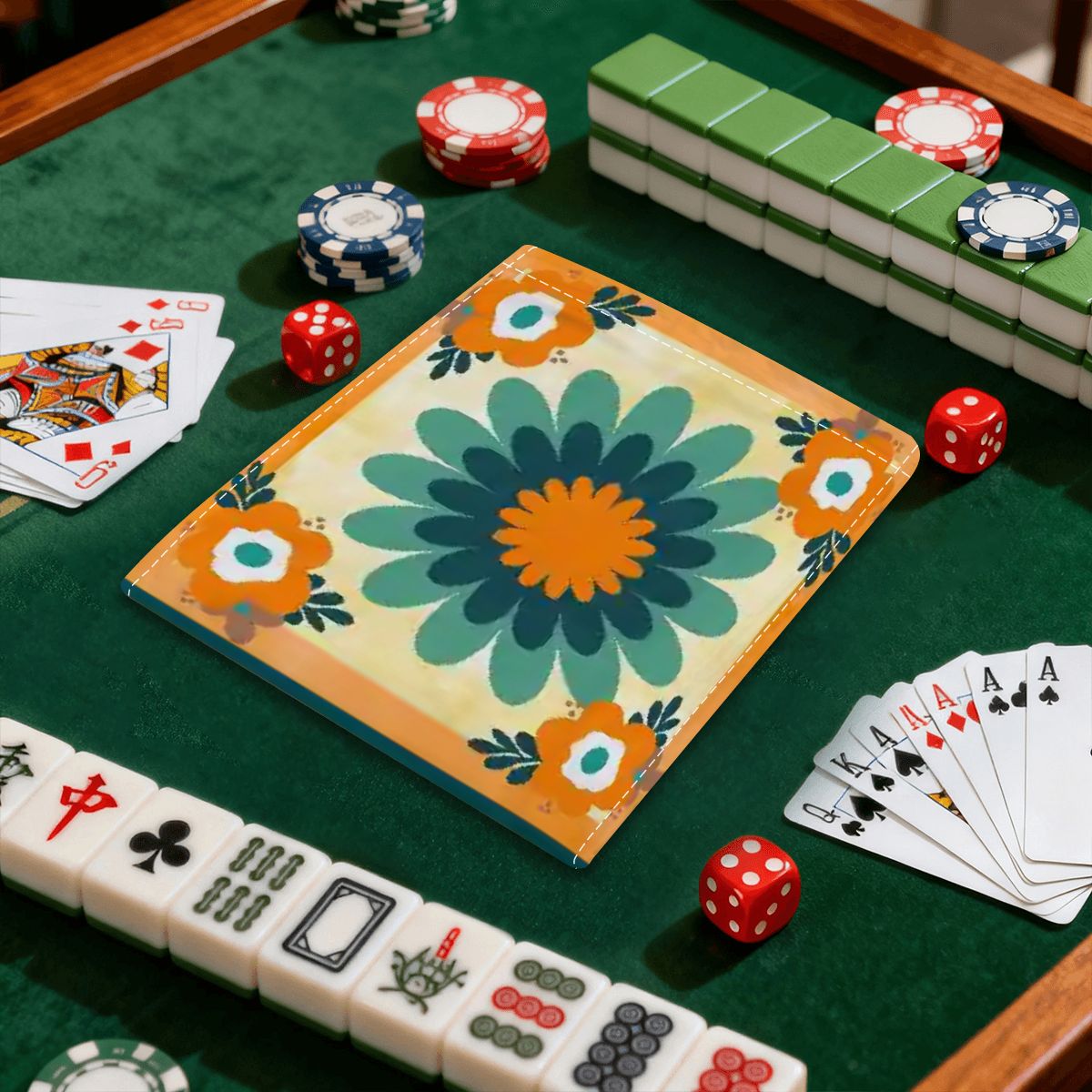 Floral Boho Orange, Teal Blue 4 Mahjong Card Holder with Line Finder - Splash of Color Co.