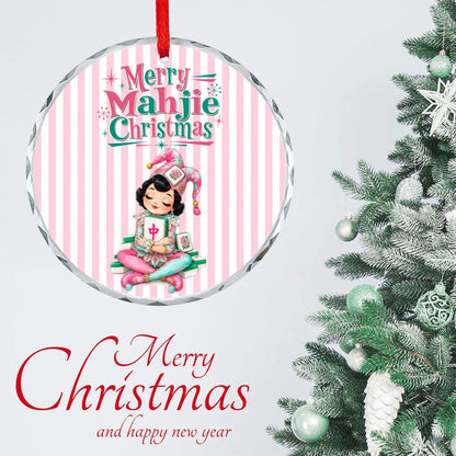 Merry Mahjie Mahjong Christmas Pink And White Striped Round Glass Christmas Ornament