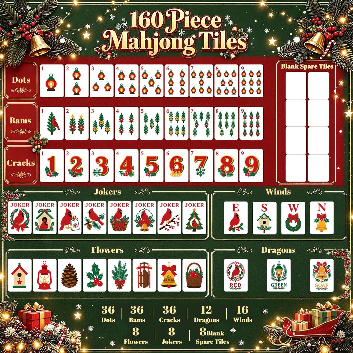 Candy Cane Nostalgic Christmas Cardinal American Mahjong Tiles And Carry Case