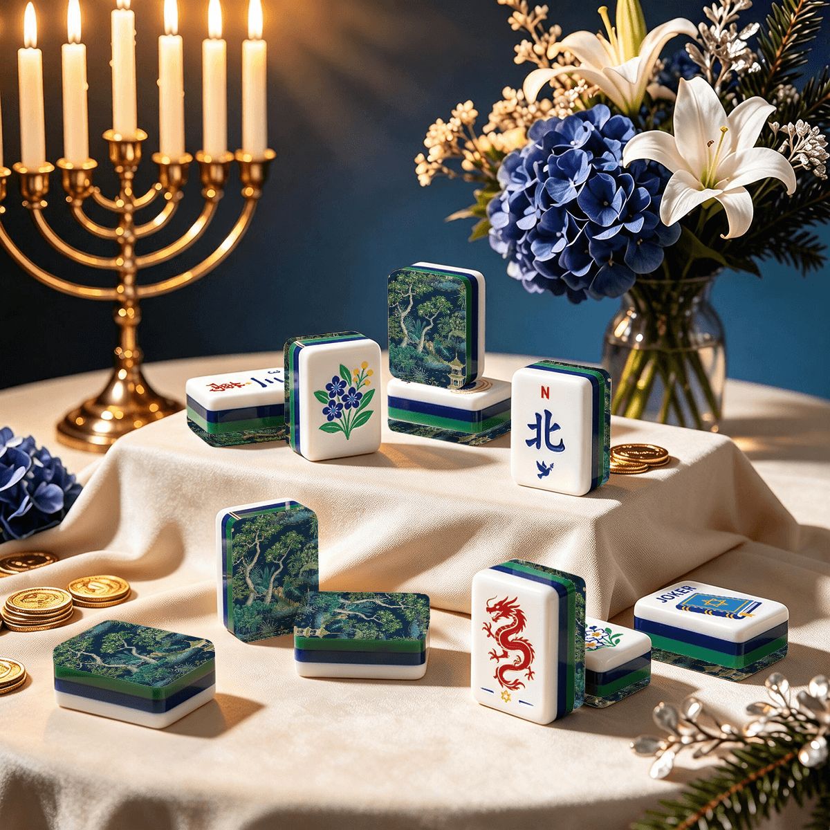 Chinoiserie Asian Pagoda Green And Blue Hanukkah Mahjong Tiles And Carry Case - Splash Of Mahj And Color Co.