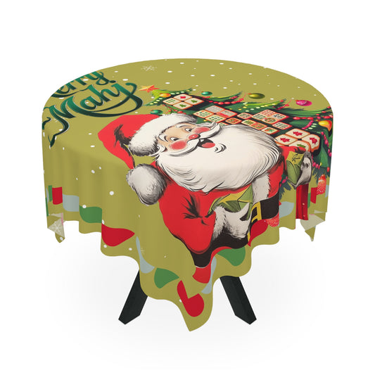 Vintage Santa Mahjong Tablecloth, Whimsical Tile Tree Merry Mahj Christmas Tablecloth