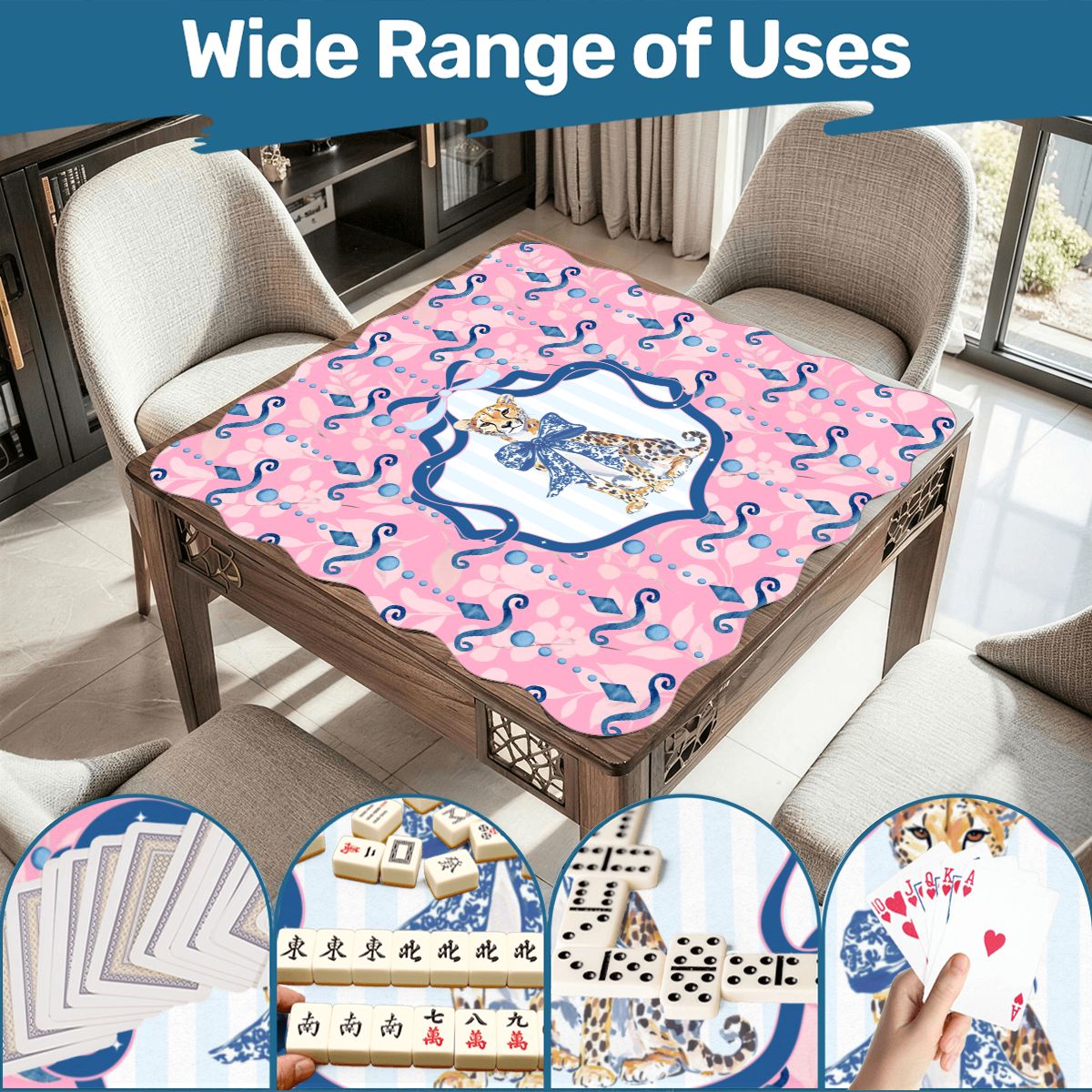 Charleston Cheetah Pretty Pink, Blue Scalloped Mahjong Mat - Splash of Color Co.