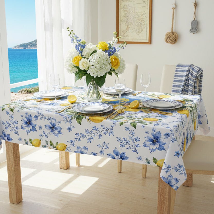 Lemondrops On The Amalfi Coast Tablecloth — Mediterranean Lemon & Blue Floral Table Linen - Splash Of Mahj And Color Co.
