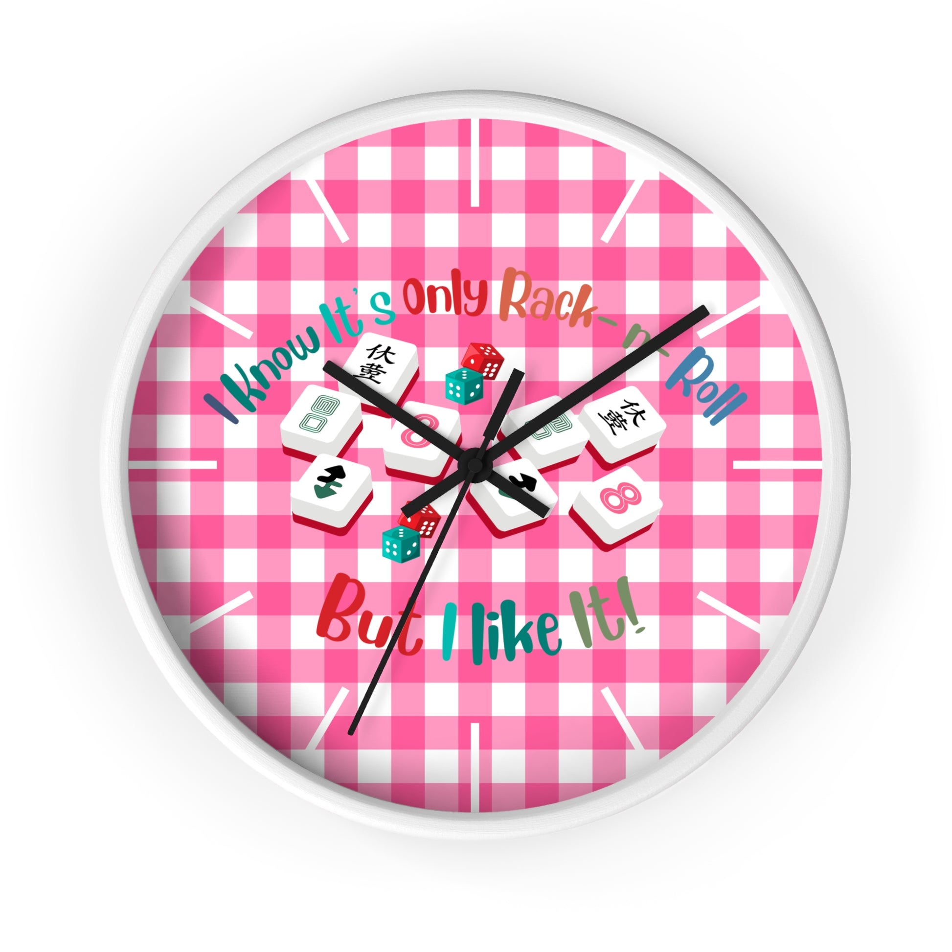 Mahjong Dice Wall Clock — "I Know It’s Only Rack ‘n’ Roll But I Like It" Pink Plaid - Splash of Color Co.