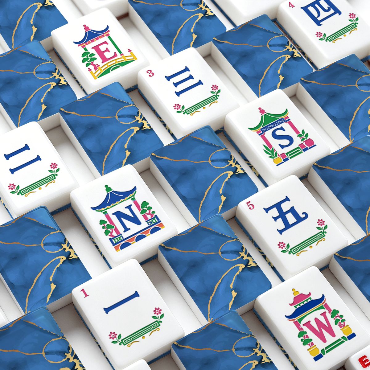 Blue Marbled Gold Gilded American Mahjong Pastel Chinoiserie Tiles
