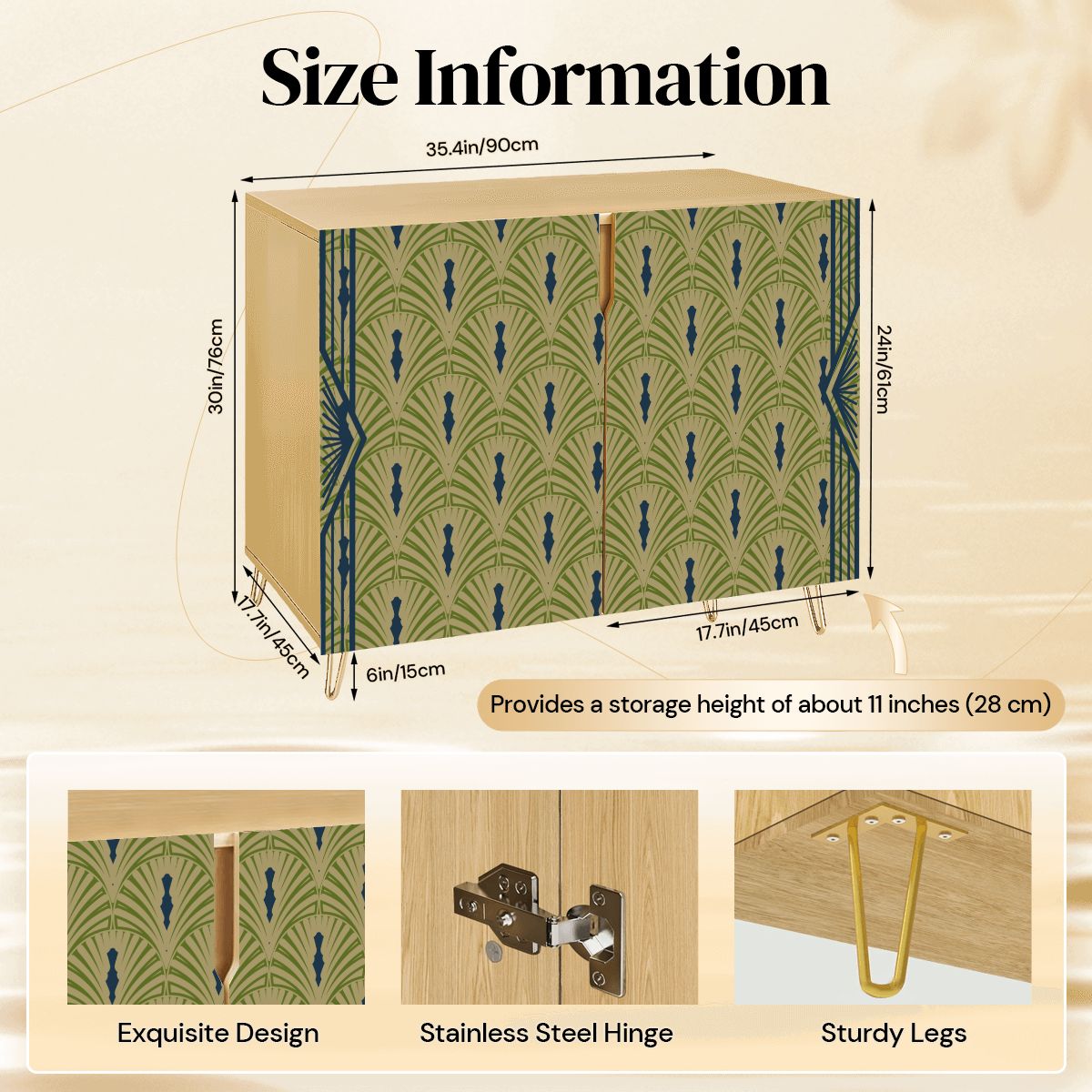 Art Deco Modern Wooden Storage Cabinet, Army Green, Royal Blue Fan Design - Splash of Color Co.