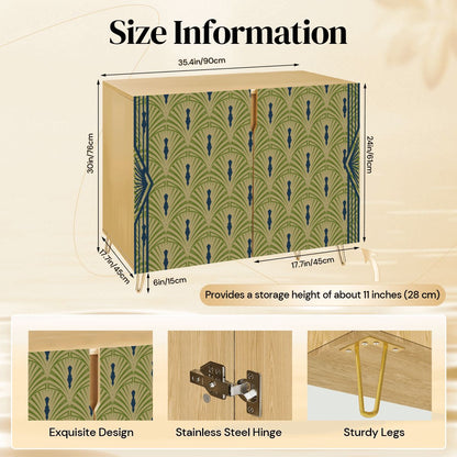 Art Deco Modern Wooden Storage Cabinet, Army Green, Royal Blue Fan Design - Splash of Color Co.