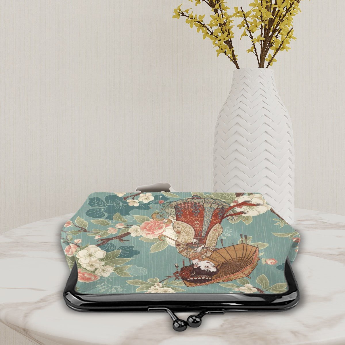 Geisha Girl Asian Floral Women's Leather Kiss Lock Coin Purse - Splash of Color Co.