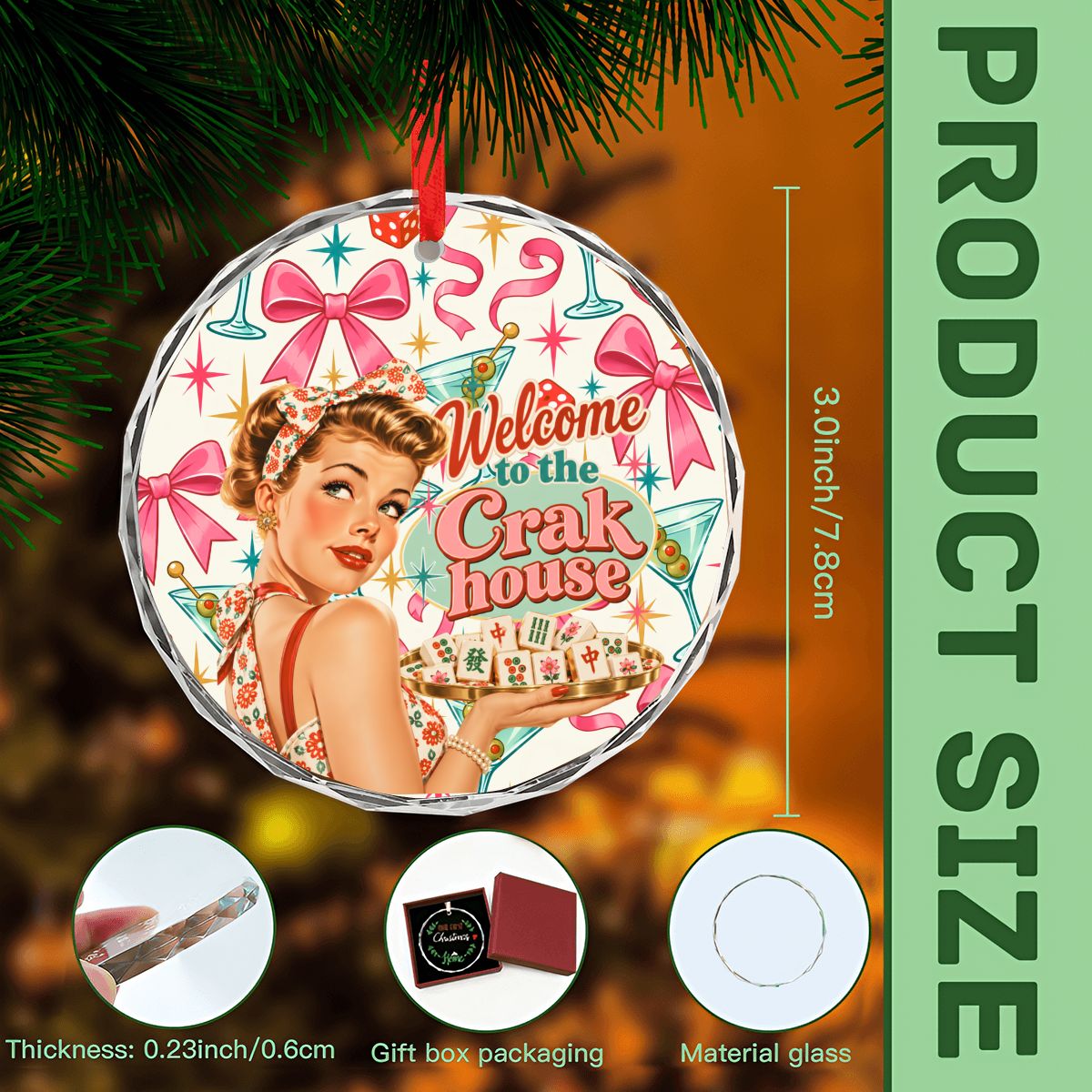 Welcome To The Crak House Funny Nostalgic Round Glass Christmas Ornament - Splash Of Mahj And Color Co.