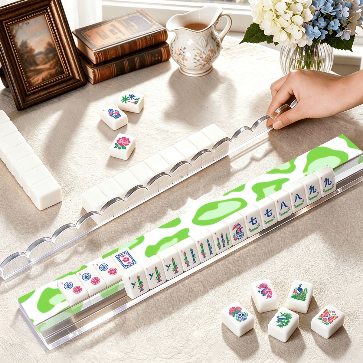 Lime Green Cheetah Print Extended Mahjong Rack Set of 4  Scalloped Magnetic Tile Pusher