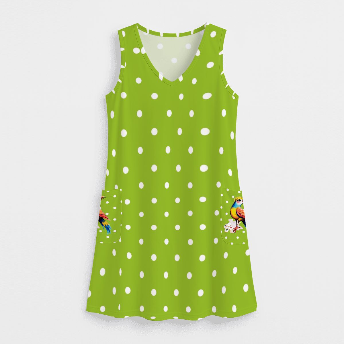 Green And White Polka Dot Bam Bird Preppy Mahj Women's Sleeveless Dress with Pockets - Splash of Color Co.