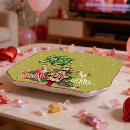 Merry Mahj Christmas Scalloped Ceramic Mahjong Dice Tray