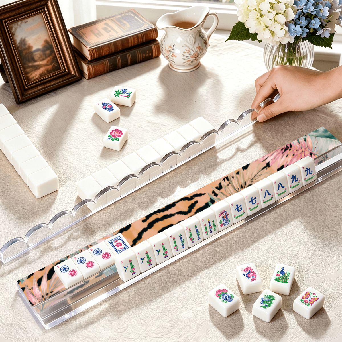 Floral Jungle Love Extended Mahjong Rack Set of 4 Scalloped Magnetic Tile Pusher 20' - Splash Of Mahj And Color Co.