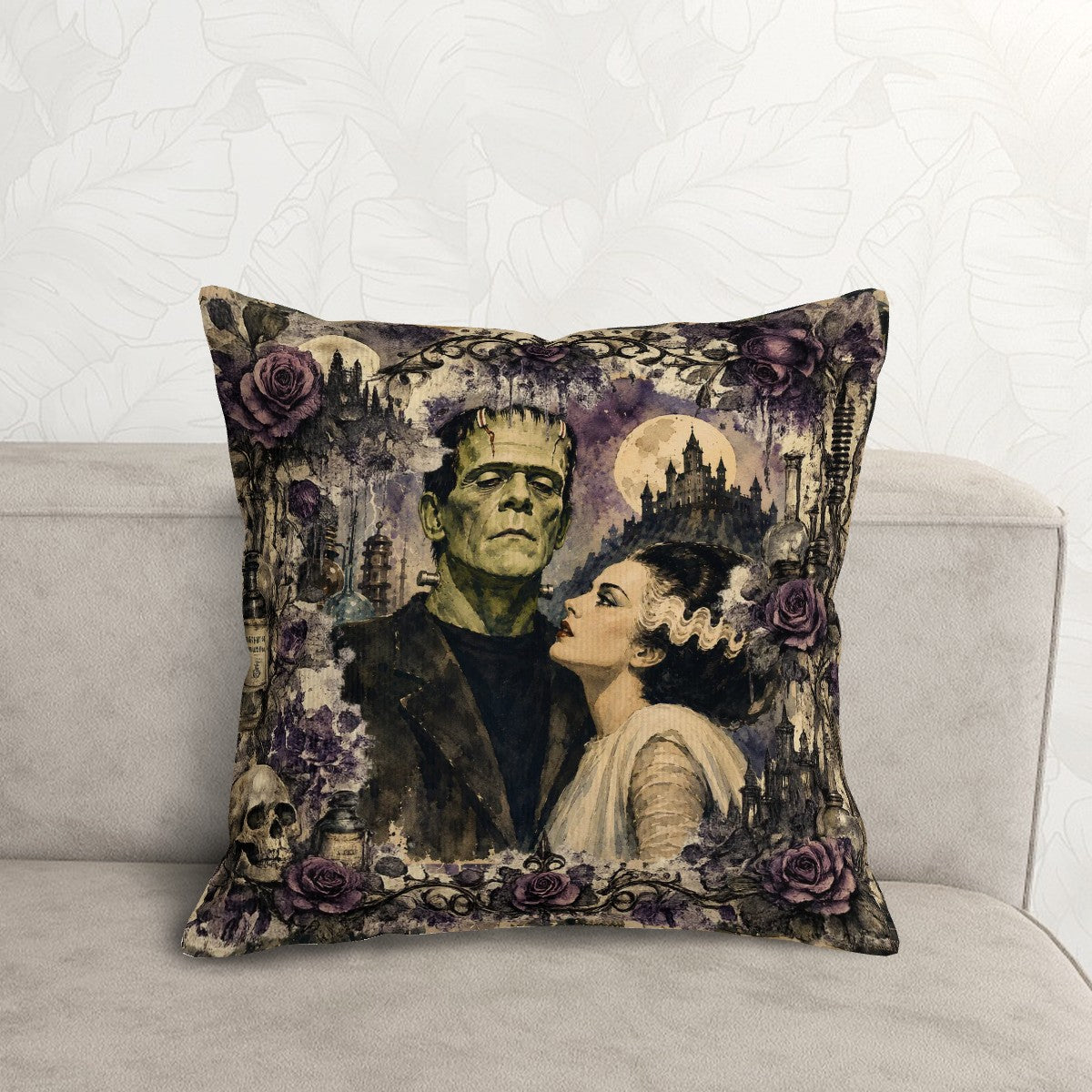 Frankenstein And Bride Gothic Fall Halloween Corduroy Throw Pillow Cover And Insert