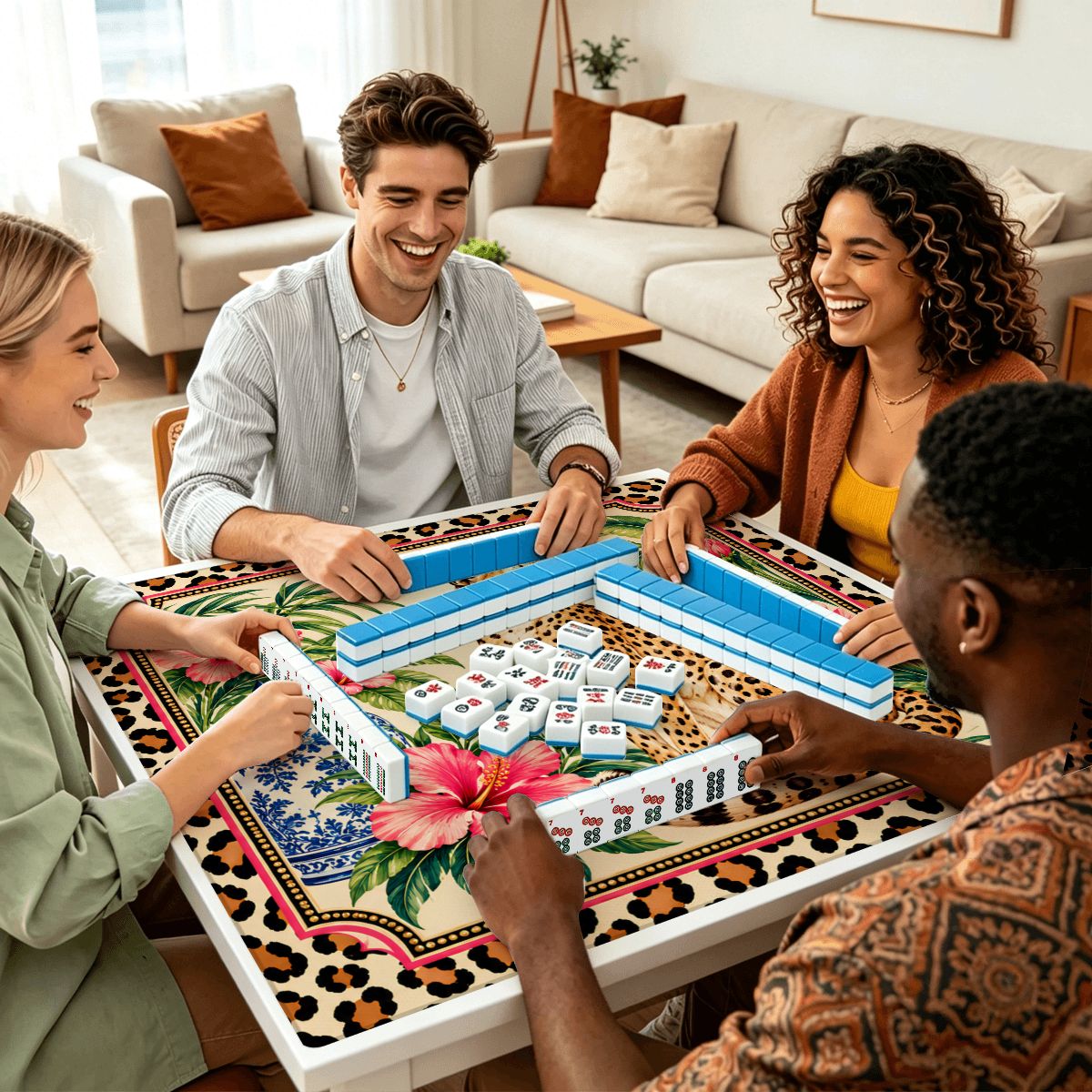 Wild Side Leopard Print Chinoiserie Mahjong Mat Sleek Surface - Splash Of Mahj And Color Co.