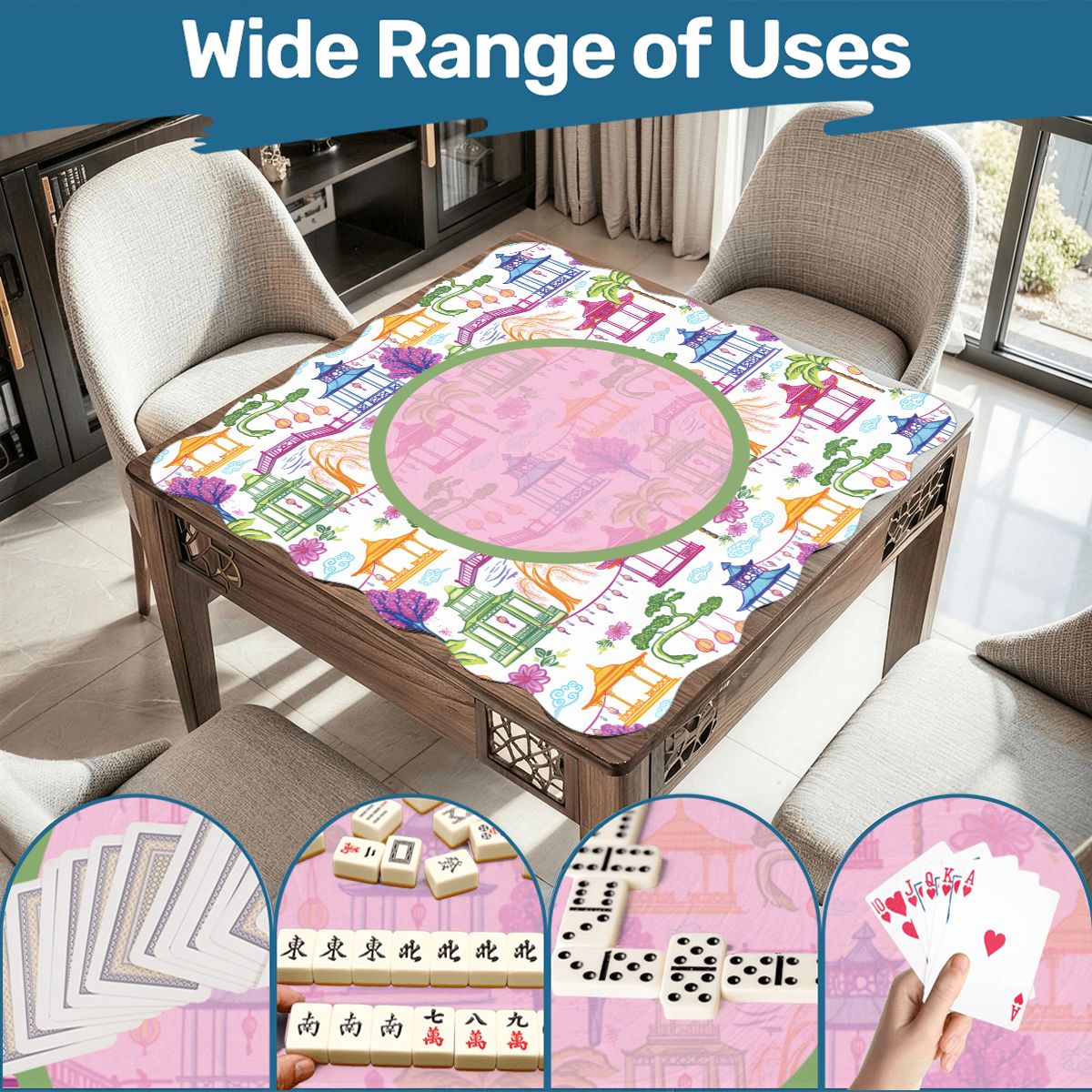 Chinoiserie Asian Gardens, Pagoda, Lantern Lavender And Blue Scalloped Mahjong Mat - Splash of Color Co.