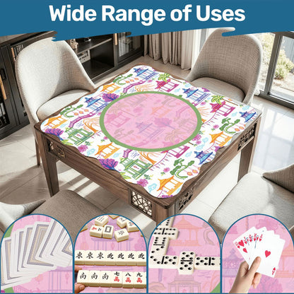 Chinoiserie Asian Gardens, Pagoda, Lantern Lavender And Blue Scalloped Mahjong Mat - Splash of Color Co.