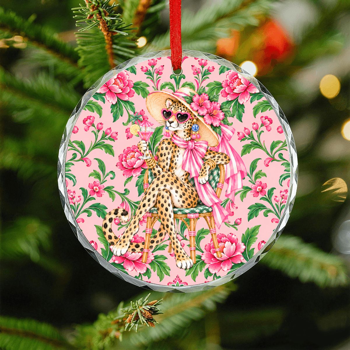 Glam Sipping Leopard Luxe Round Glass Christmas Ornament - Splash Of Mahj And Color Co.