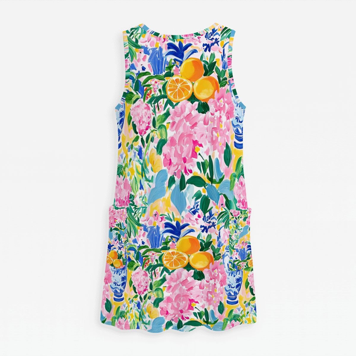 Citrus Sunshine Preppy Floral Women's Sleeveless Dress with Pockets - Splash of Color Co.