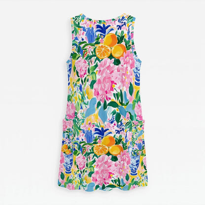 Citrus Sunshine Preppy Floral Women's Sleeveless Dress with Pockets - Splash of Color Co.