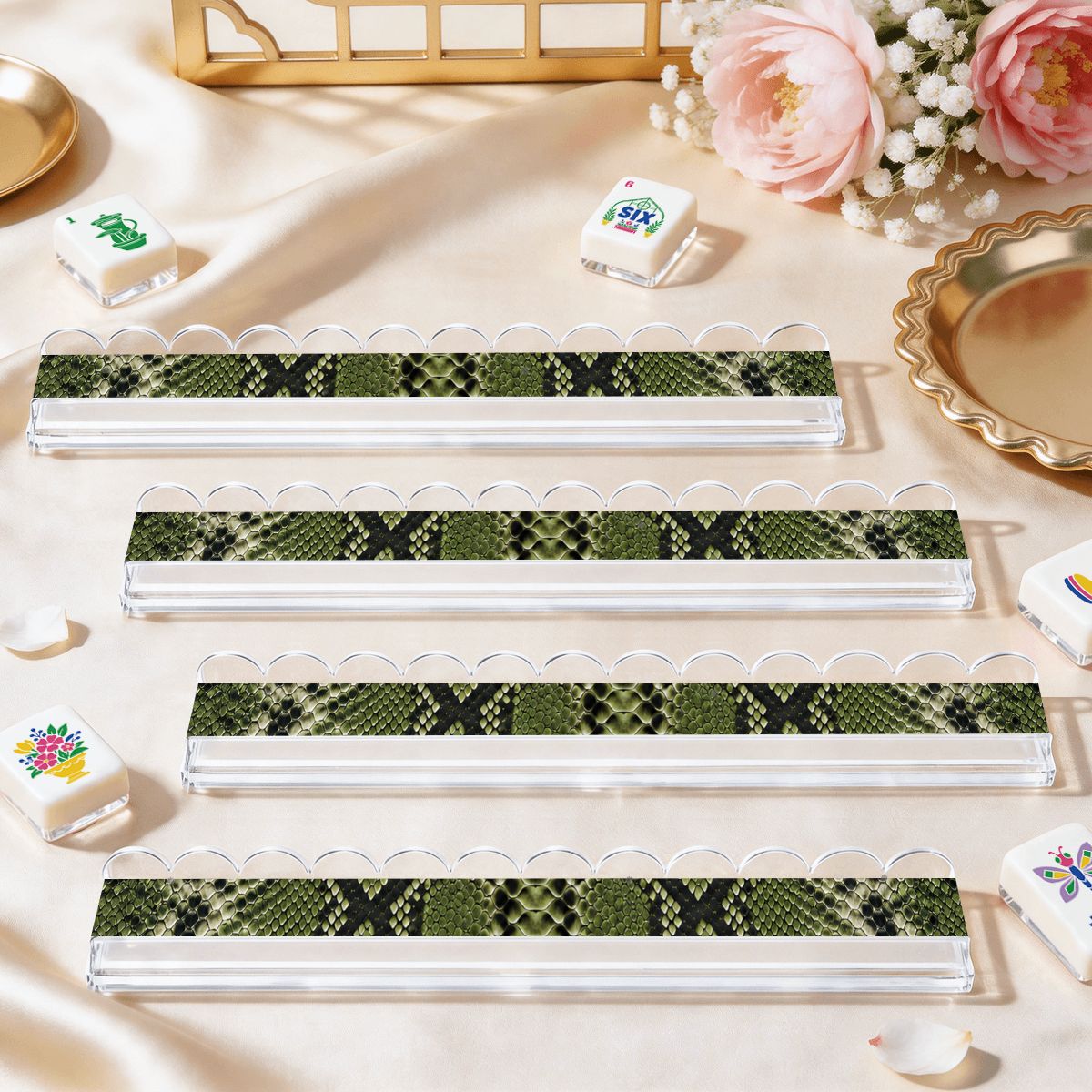 Green SnakeskinExtended Mahjong Rack Set of 4 Scalloped Magnetic Tile Pusher 20' - Splash Of Mahj And Color Co.
