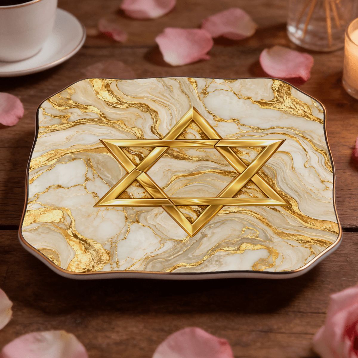 Gold Marbled Star Of David Scalloped Ceramic Mahjong Dice Tray - Splash Of Mahj And Color Co.