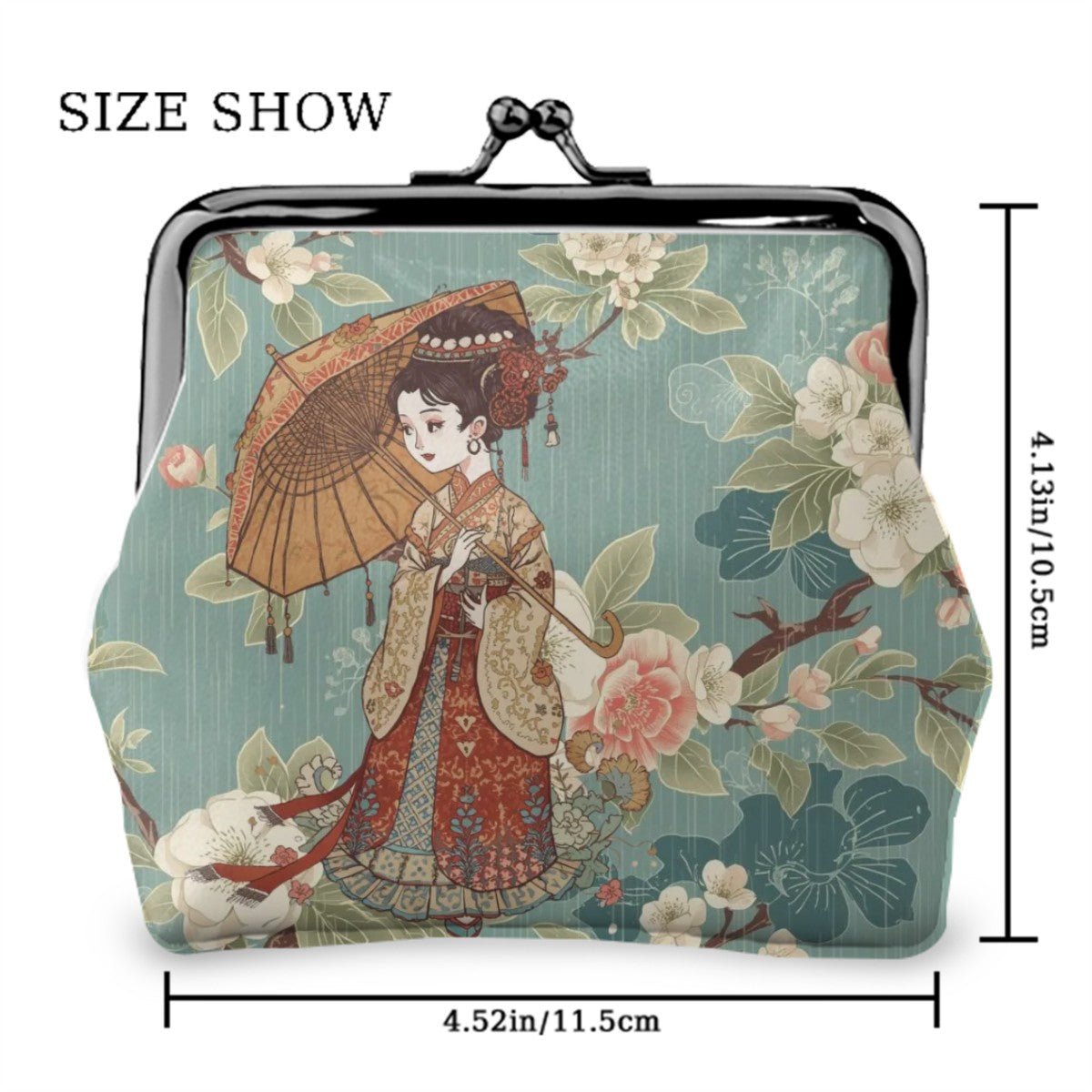 Geisha Girl Asian Floral Women's Leather Kiss Lock Coin Purse - Splash of Color Co.