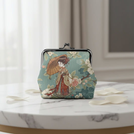 Geisha Girl Asian Floral Women's Leather Kiss Lock Coin Purse - Splash of Color Co.