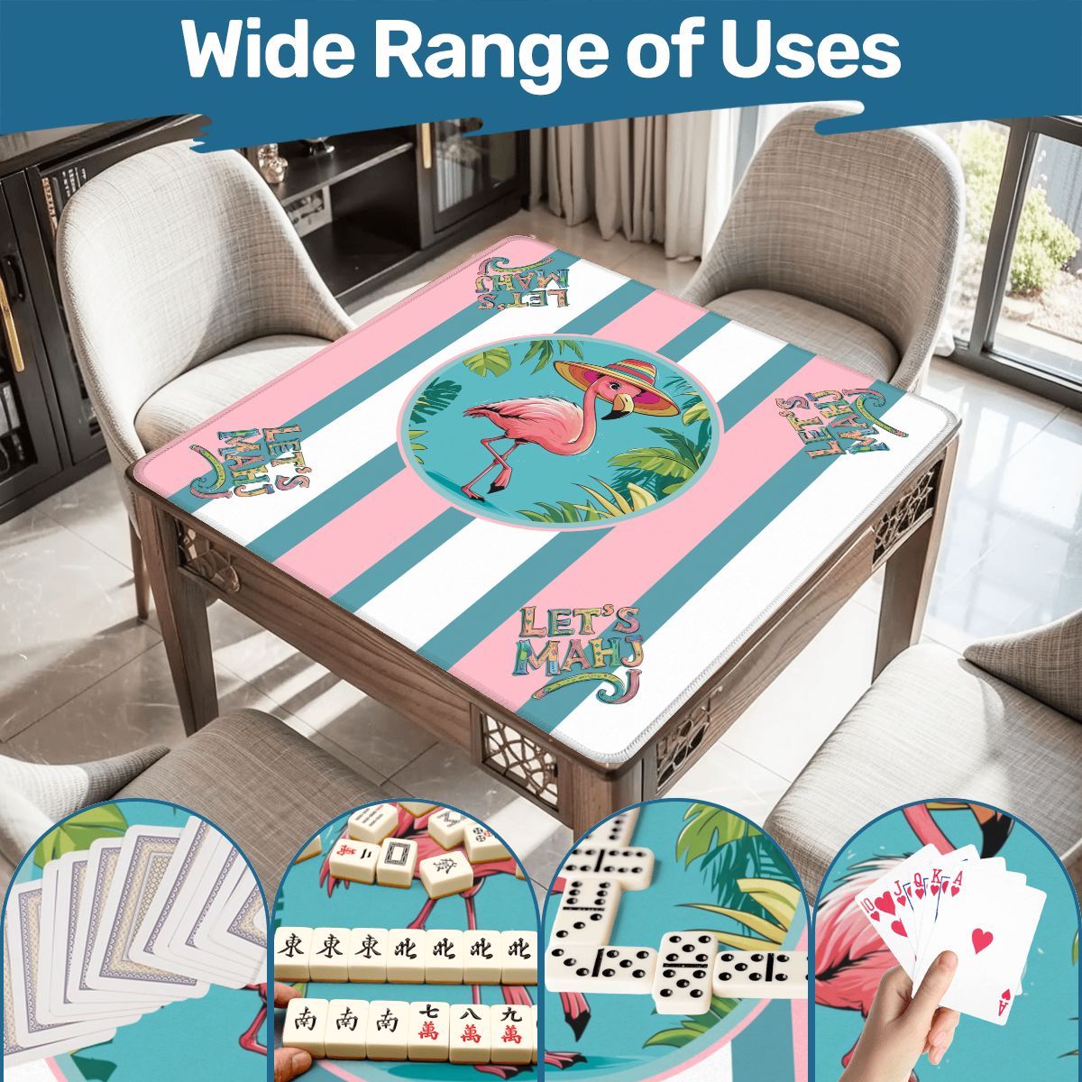 Let's Mahj, Tropical Flamingo Pink, White And Aqua Mahjong Mat - Splash of Color Co.