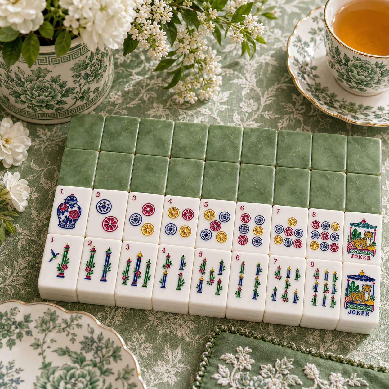 Green Jadeite American Mahjong Pastel Chinoiserie Tiles And Carry Case
