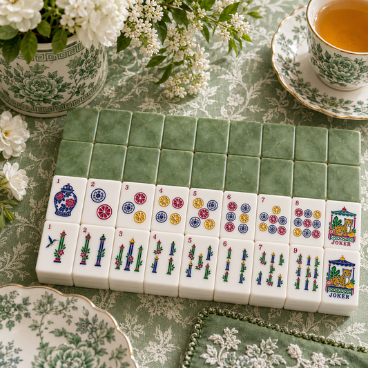 Green Jadeite American Mahjong Pastel Chinoiserie Tiles And Carry Case