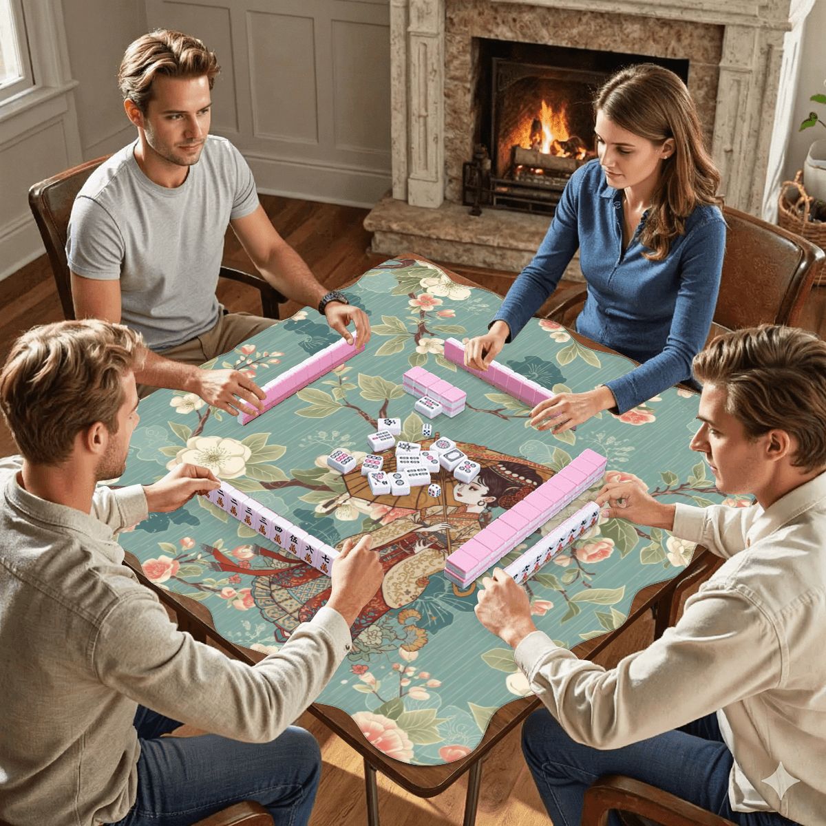 Asian Floral Blossom Geisha Girl Scalloped Mahjong