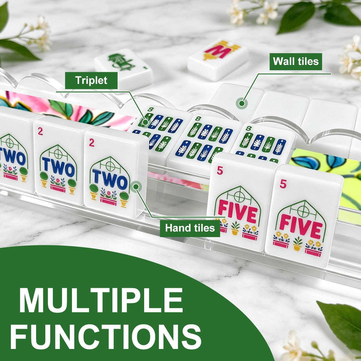 Tobacco Leaf Designed Extended Mahjong Rack Set of 4 Scalloped Magnetic Tile Pusher 20' - Splash Of Mahj And Color Co.