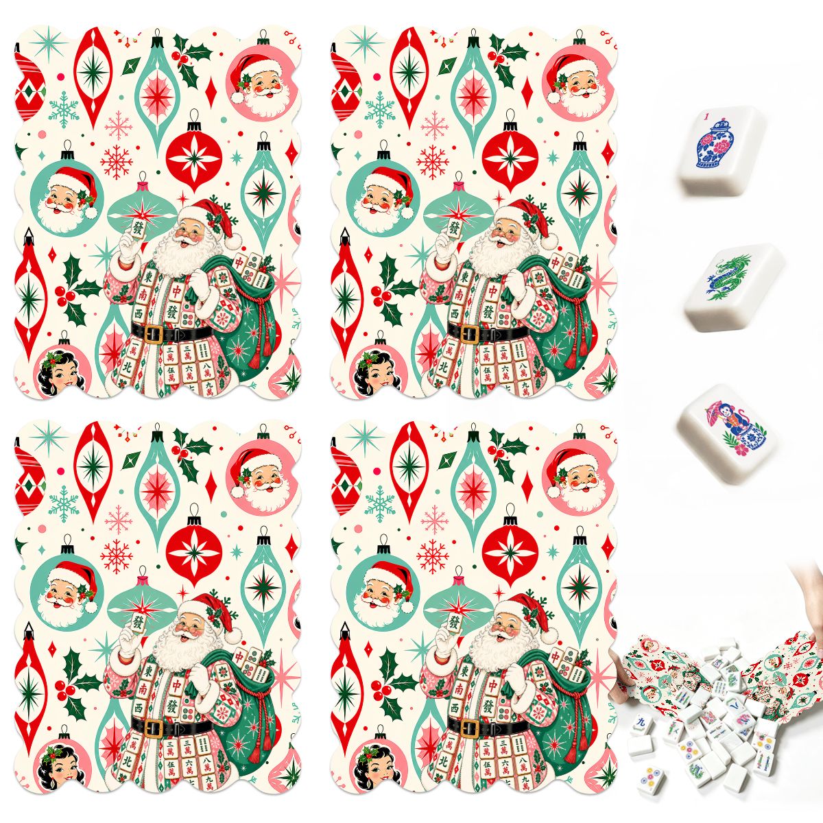 Nostalgic Christmas Santa Scalloped Mahjong Shuffler Cards  Set of 4