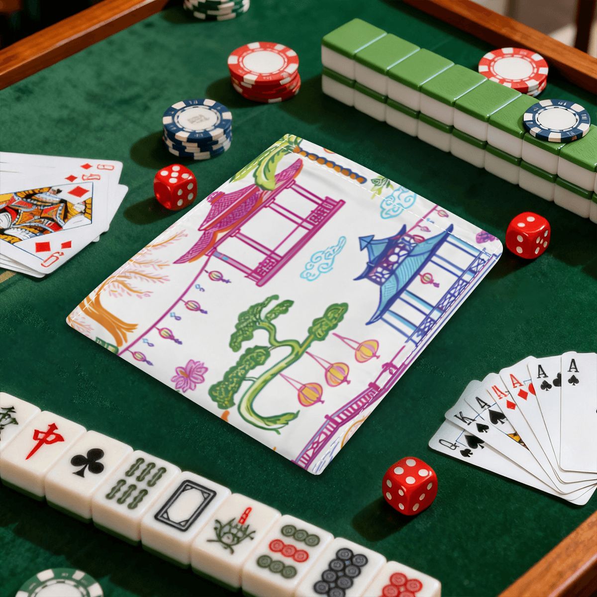 4 Mahjong Card Holder with Line Finder, Asian Chinoiserie Watercolor Pagodas - Splash of Color Co.
