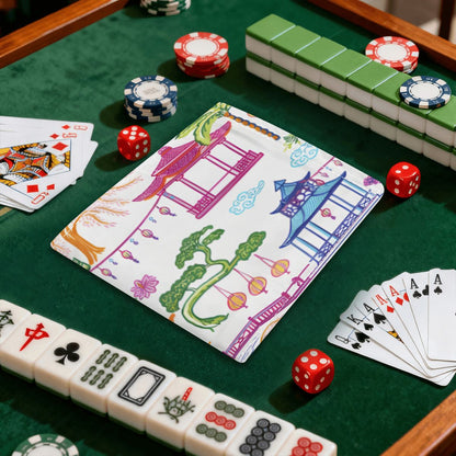 4 Mahjong Card Holder with Line Finder, Asian Chinoiserie Watercolor Pagodas - Splash of Color Co.